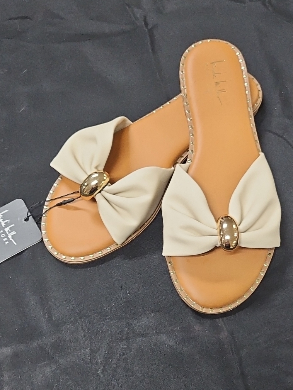 Beige Bow Slide Mules with Gold Oval Accent